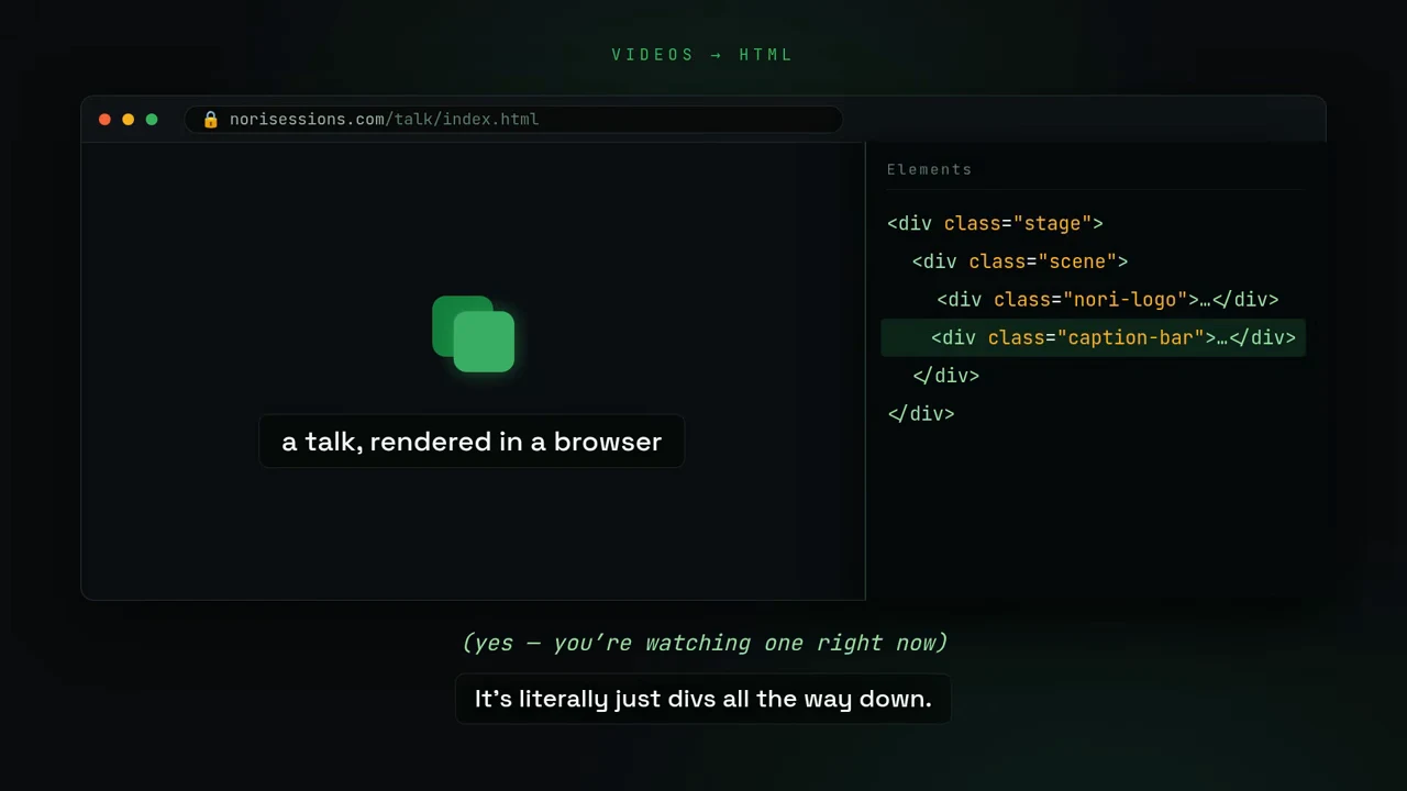 A browser illustration shows a green logo and “a talk, rendered in a browser” beside an Elements pane containing nested div elements.