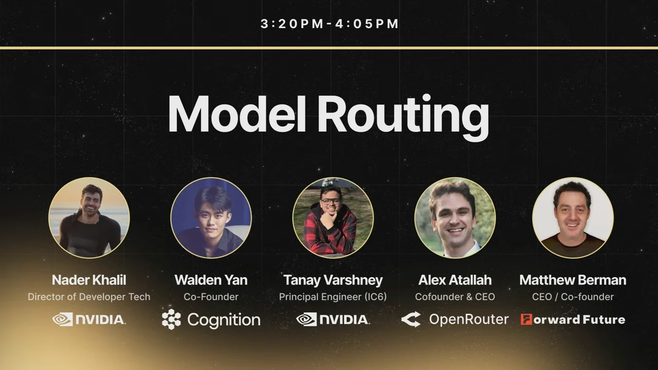 Slide titled “Model Routing” with five speaker portraits, names, roles, and organization logos.