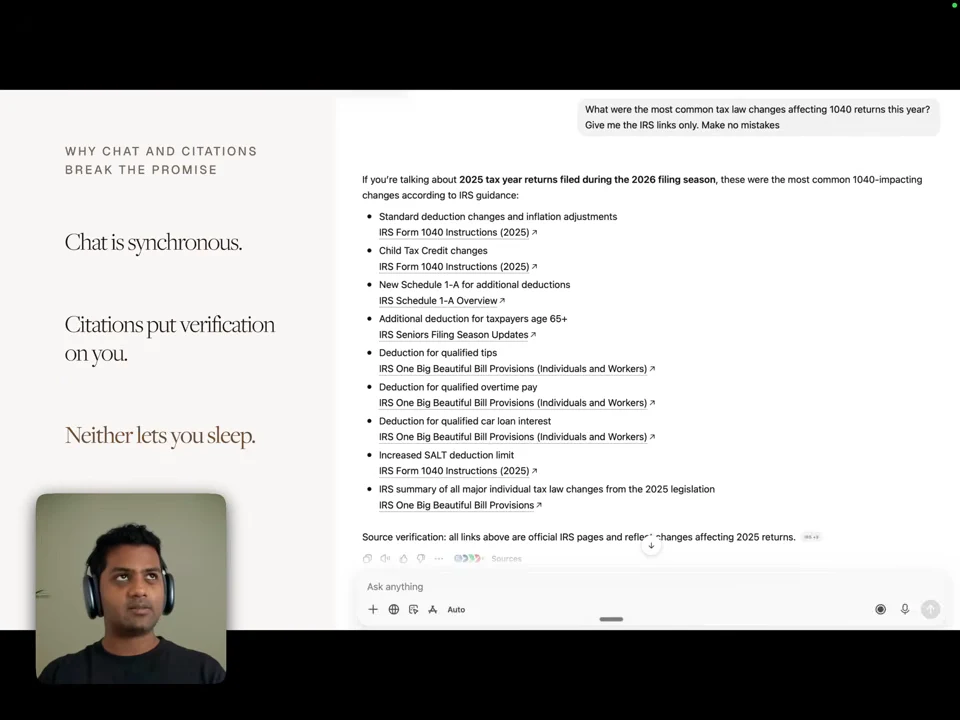 Slide listing three problems—chat is synchronous, citations put verification on you, and neither lets you sleep—beside a tax-question chat response with citations.