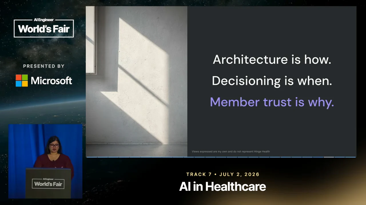 Closing slide pairs a sunlit wall photograph with three statements: “Architecture is how,” “Decisioning is when,” and “Member trust is why.”