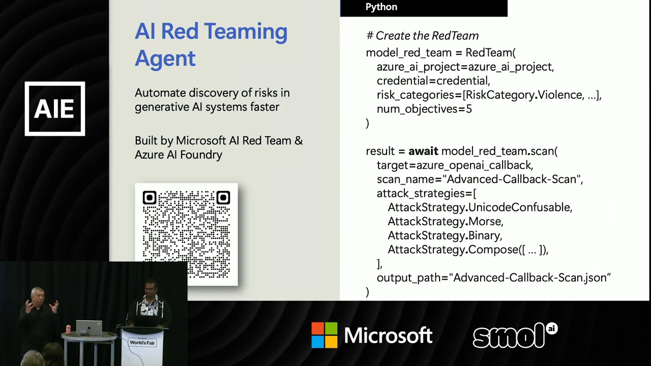 Slide titled AI Red Teaming Agent, with Microsoft AI Red Team and Azure AI Foundry attribution, a QR code, and Python code configuring risk categories and attack strategies.