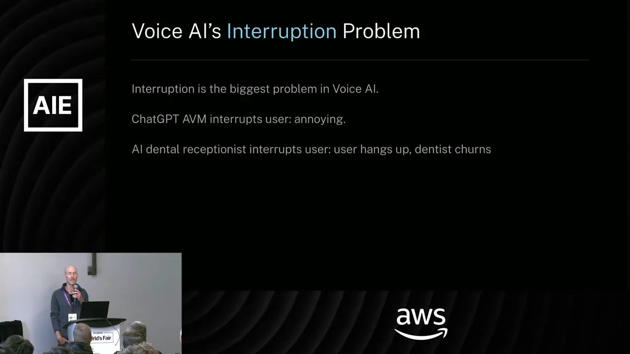 Slide titled “Voice AI’s Interruption Problem” lists interruptions in ChatGPT AVM and an AI dental receptionist, with the presenter inset below.