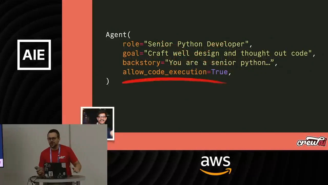 Agent code example with role, goal, backstory, and allow_code_execution=True, with the execution flag underlined in red.