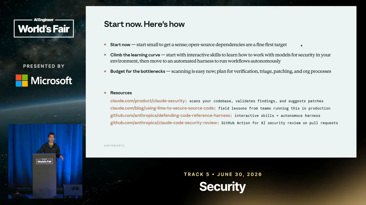 “Start now. Here's how” slide with three adoption recommendations and four resources covering Claude Security, a blog, a reference harness, and code review.