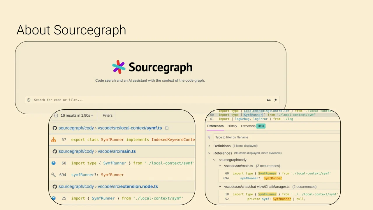 Slide titled “About Sourcegraph” with a search interface above code search results and a references panel.