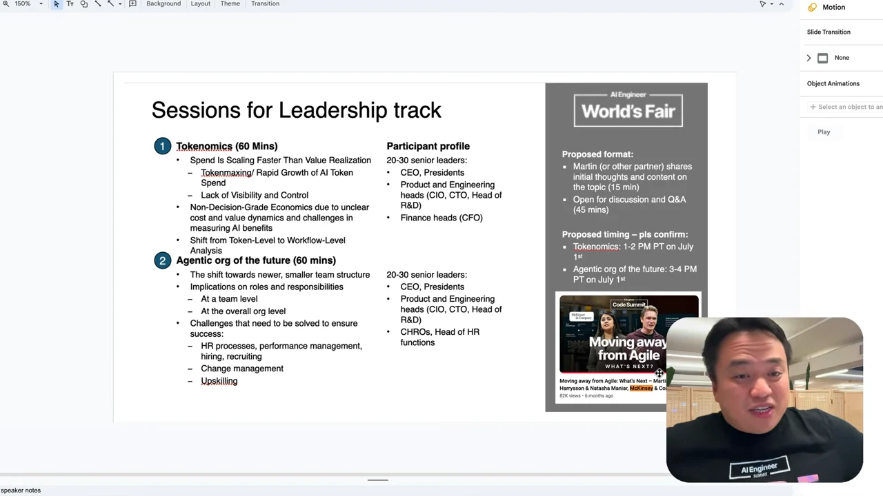 Leadership session slide with Tokenomics and Agentic org of the future sections, participant profiles, and a proposed discussion format.