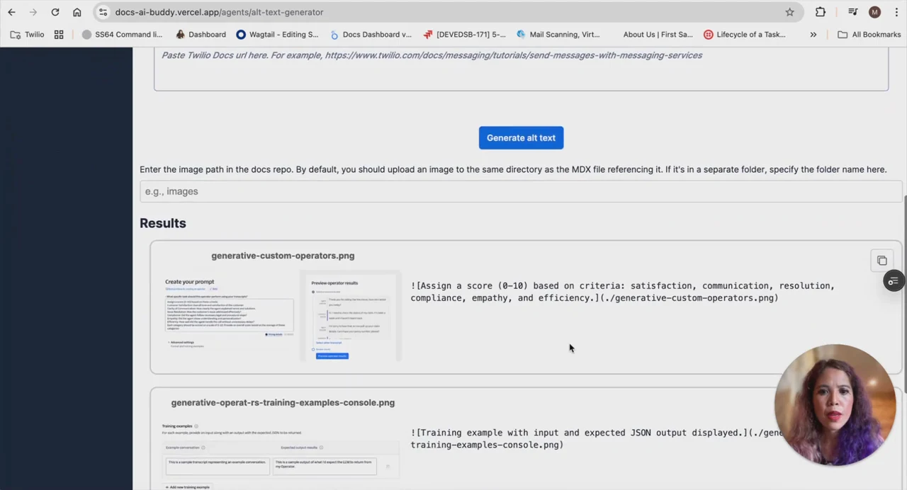 Image Alt Text Generator results show image filenames, previews, and generated text in adjacent panels.
