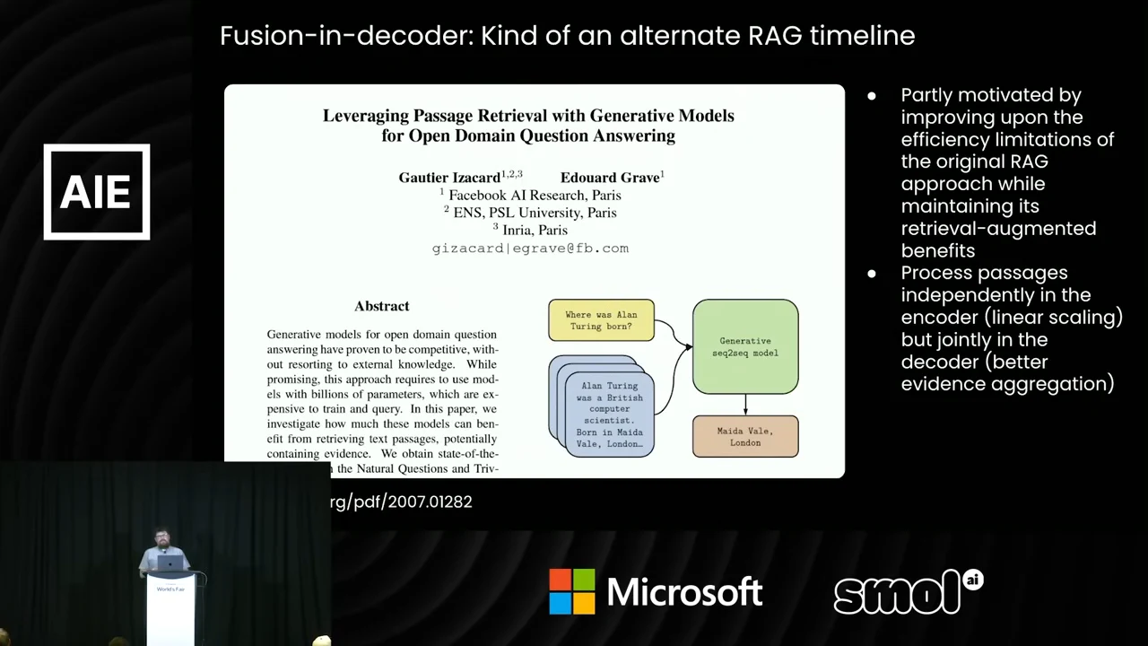 Slide showing the paper “Leveraging Passage Retrieval with Generative Models for Open Domain Question Answering,” a retrieval diagram, and two fully revealed explanatory bullets.