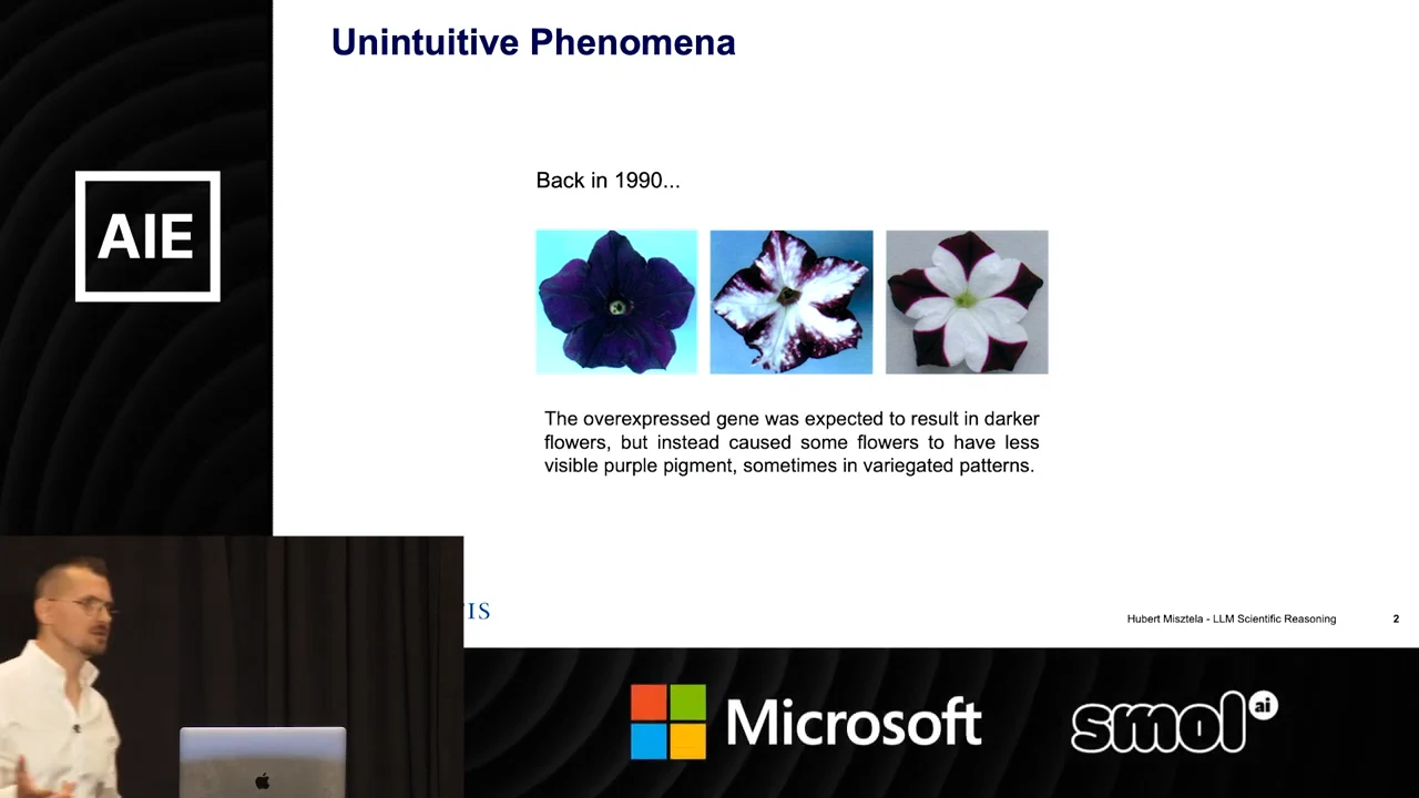 Unintuitive Phenomena slide with purple, variegated, and mostly white flowers and text describing the unexpected loss of pigment.