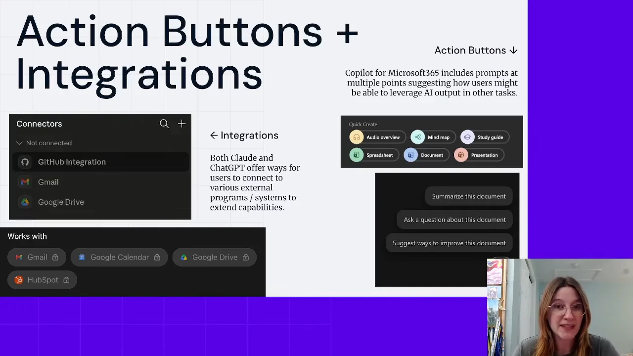 “Action Buttons + Integrations” slide showing GitHub, Gmail and Google Drive connectors alongside quick-create buttons and document prompts.