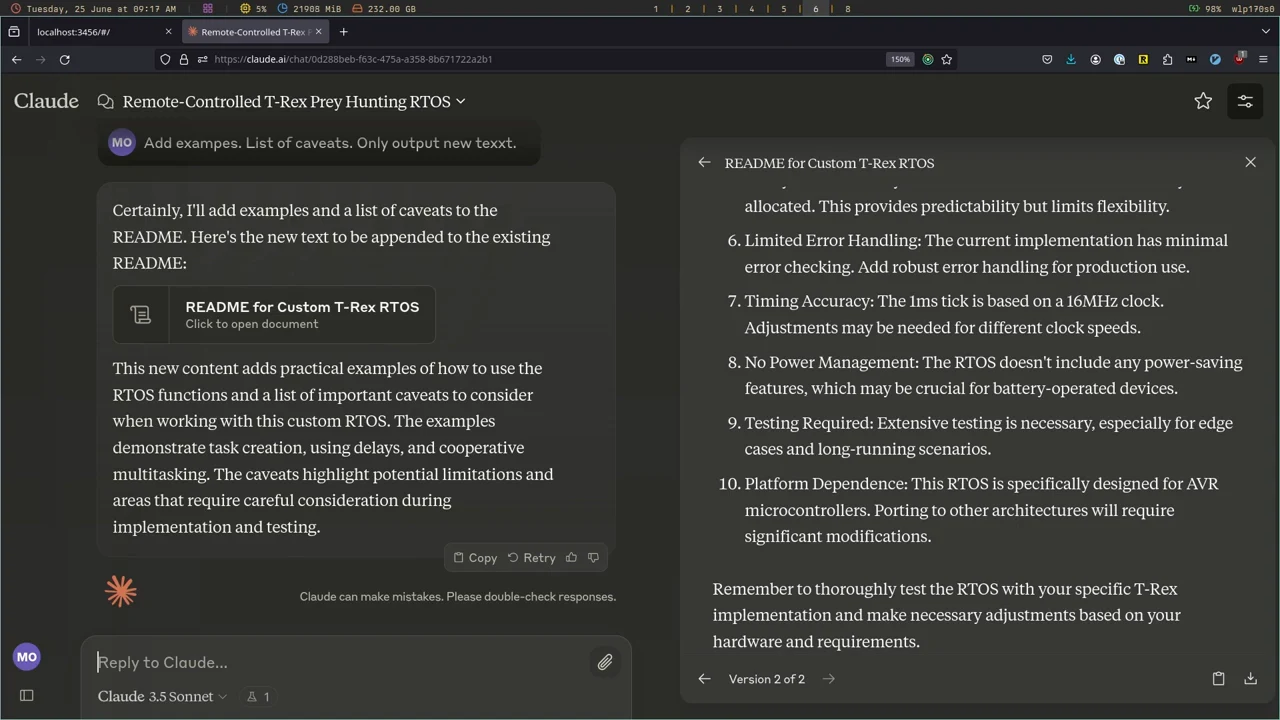 Claude conversation beside a README artifact showing caveats about error handling, timing, power management, testing, and platform dependencies.