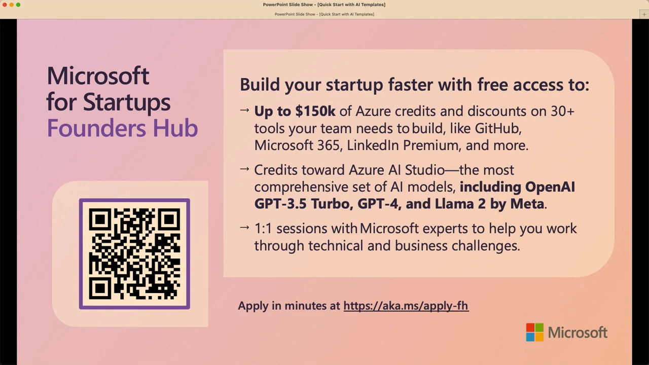 Microsoft for Startups Founders Hub slide with three benefit bullets, an application link, and a QR code.