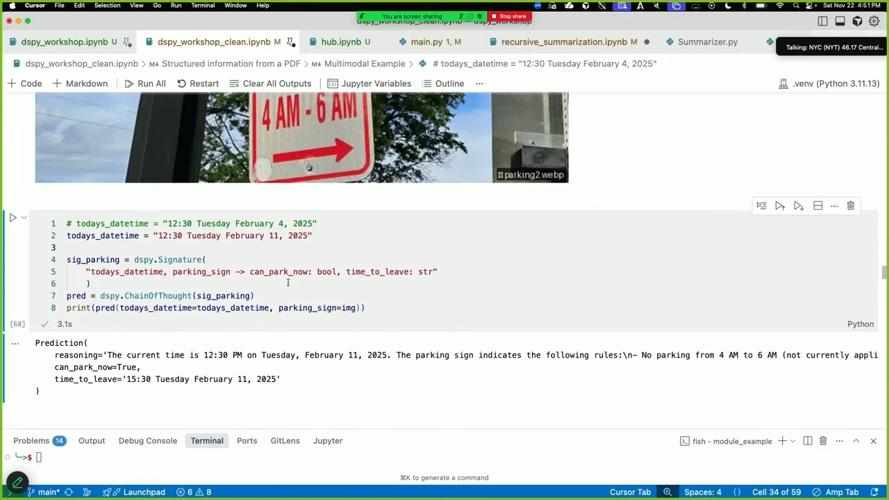 Notebook showing part of a parking-sign photo, a typed parking signature, and prediction output with reasoning, can_park_now=True, and a 15:30 departure time.