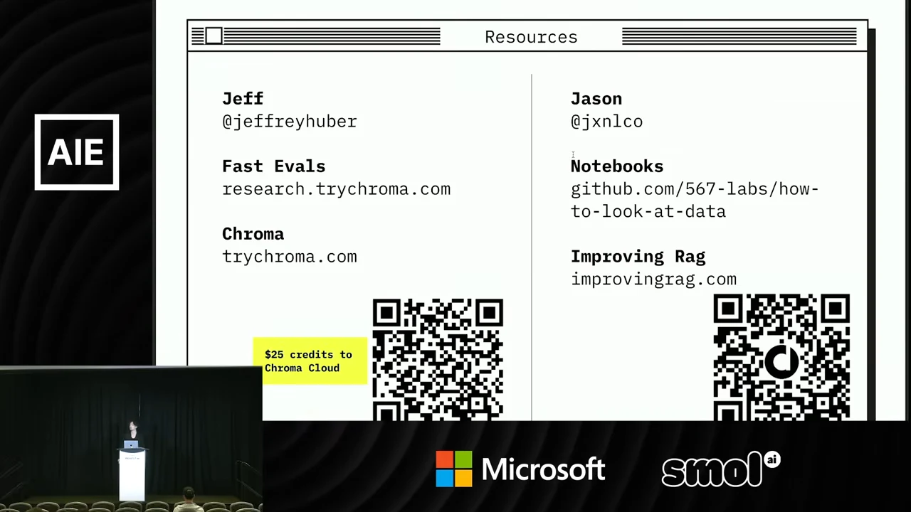 Two-column Resources slide lists Jeff and Jason’s handles and links for Fast Evals, Chroma, GitHub notebooks, and Improving RAG, with partially cropped QR codes below.