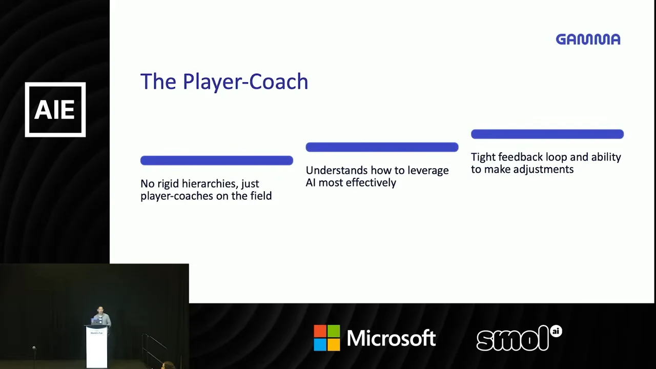 Slide titled “The Player-Coach” with three ascending blue bars above statements about player-coaches on the field, using AI effectively, and making adjustments through tight feedback.