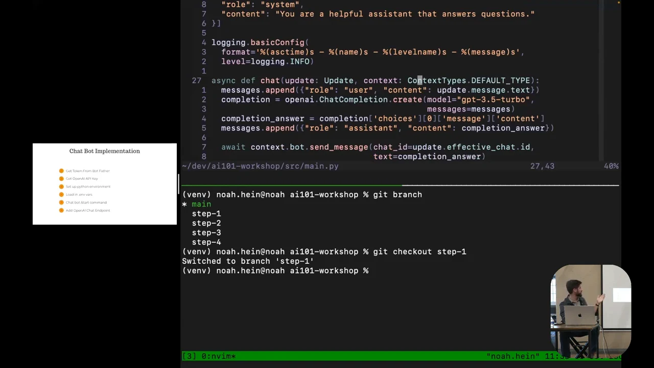 Python editor showing the async chat function above a terminal: append the user message, call OpenAI, append the assistant response, and send the response through the bot.