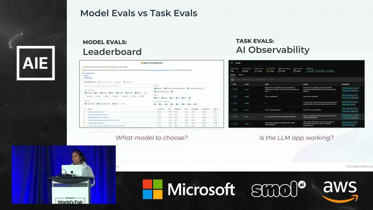 Model Evals vs Task Evals slide showing a leaderboard beside an AI observability interface, with a question beneath each.