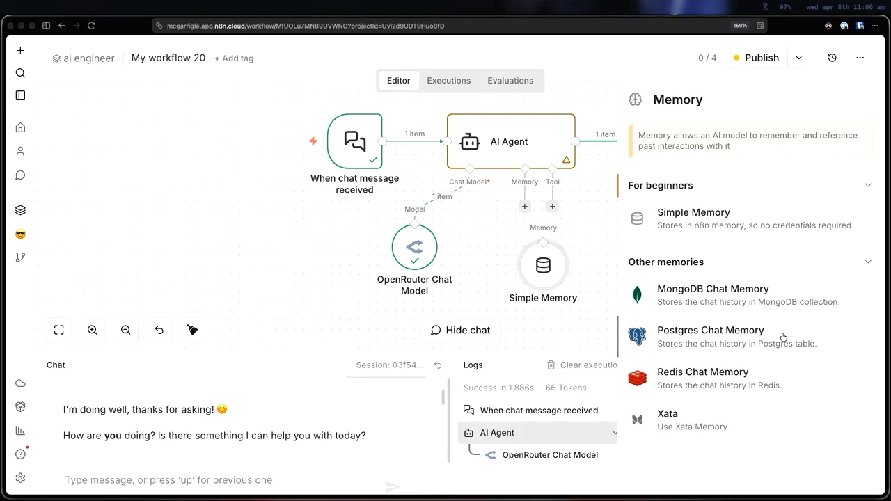 n8n workflow with a chat trigger, AI Agent, OpenRouter Chat Model, and Simple Memory; the Memory panel lists Simple Memory, MongoDB, Postgres, Redis, and Xata.