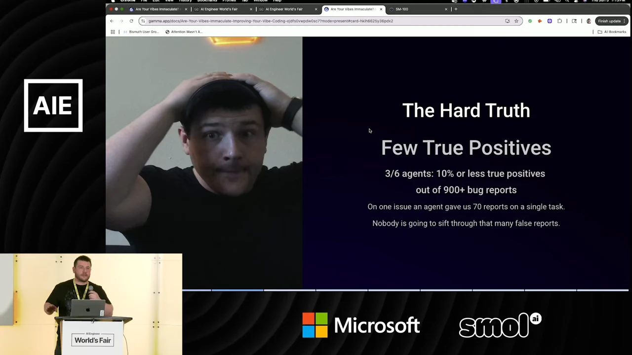 Slide titled “The Hard Truth” states that three of six agents had 10% or fewer true positives, alongside a photo of a person holding their head.