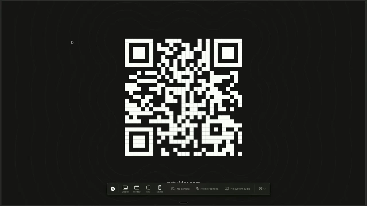 Large white QR code centered on a dark background with faint contour lines and a screen-sharing toolbar along the bottom.