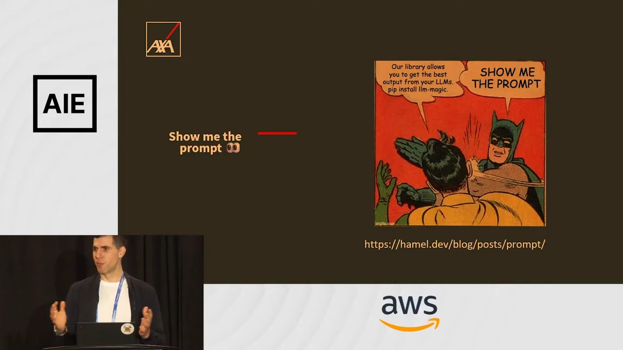 Batman slapping Robin meme with “SHOW ME THE PROMPT,” beside a matching slide heading and a hamel.dev link.