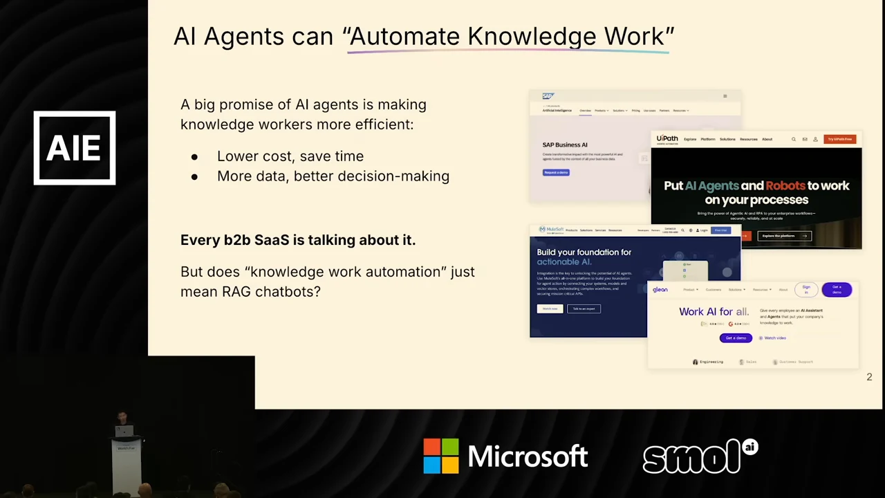Slide listing efficiency promises beside four vendor website screenshots and asking whether knowledge-work automation just means RAG chatbots.