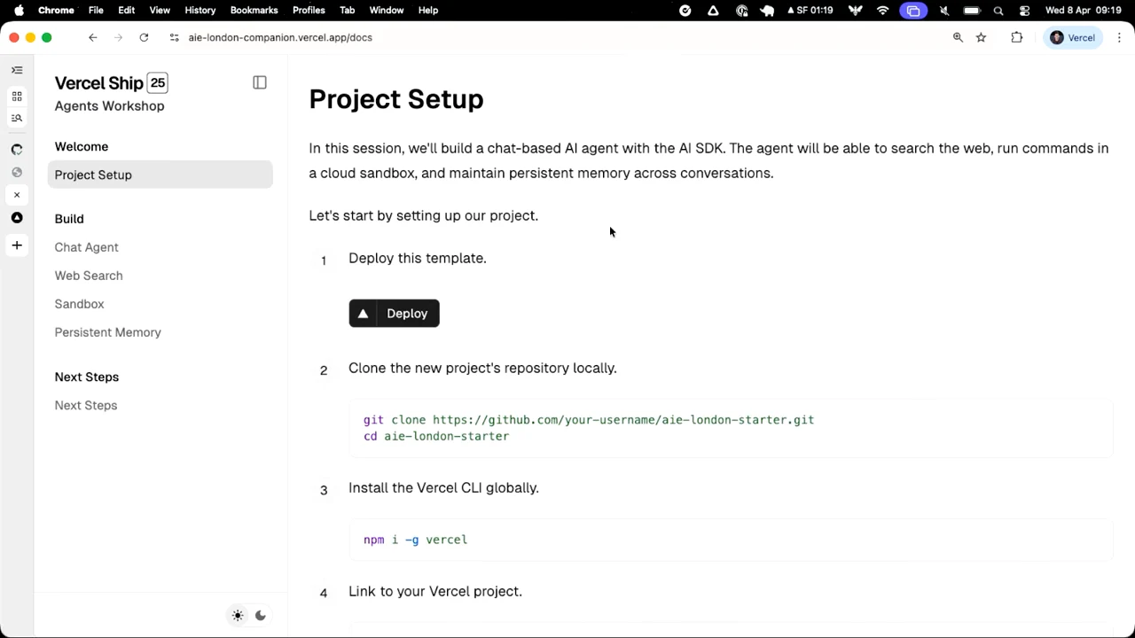 Project Setup documentation with a Deploy button, repository cloning commands, and Vercel CLI installation instructions.