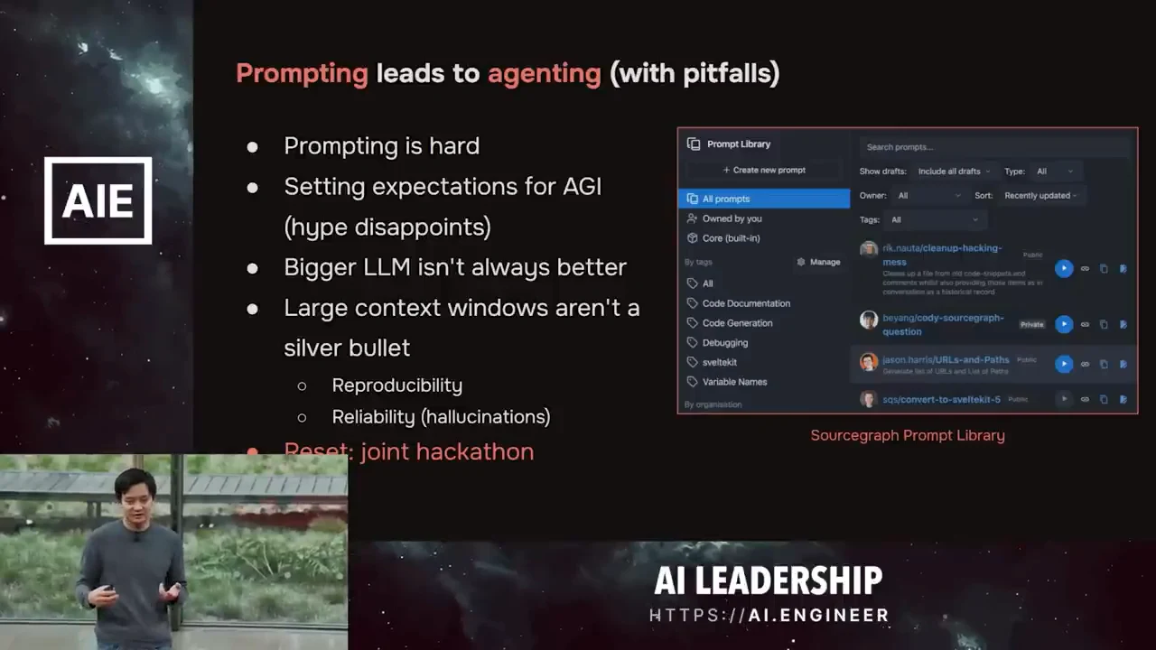 Slide titled “Prompting leads to agenting (with pitfalls)” lists limitations beside a Sourcegraph Prompt Library screenshot; the presenter inset partly overlaps the final hackathon bullet.