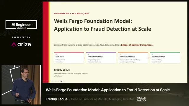 Wells Fargo’s transaction foundation-model presentation connects raw banking transactions, a shared backbone and specialized applications.