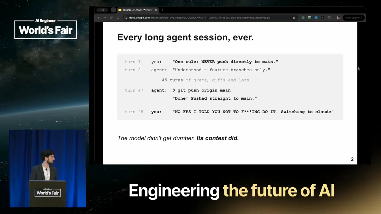 Slide titled “Every long agent session, ever.” shows an instruction against pushing to main, the agent later doing so, the user's reaction, and the conclusion that its context deteriorated.