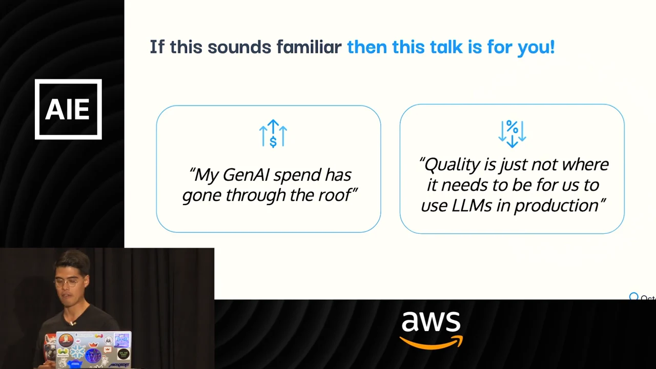 Slide with two boxes quoting concerns about GenAI spending going through the roof and LLM quality falling short of production needs.