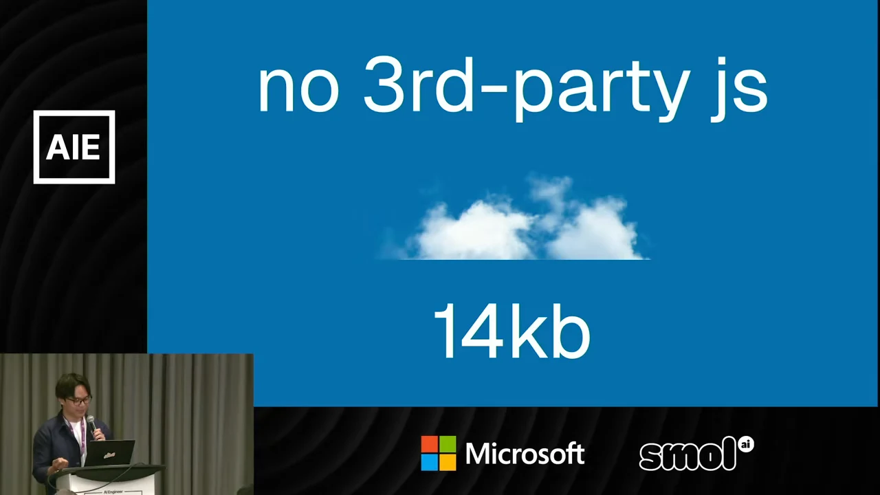 Blue slide with a small white cloud centered between the text “no 3rd-party js” and “14kb.”