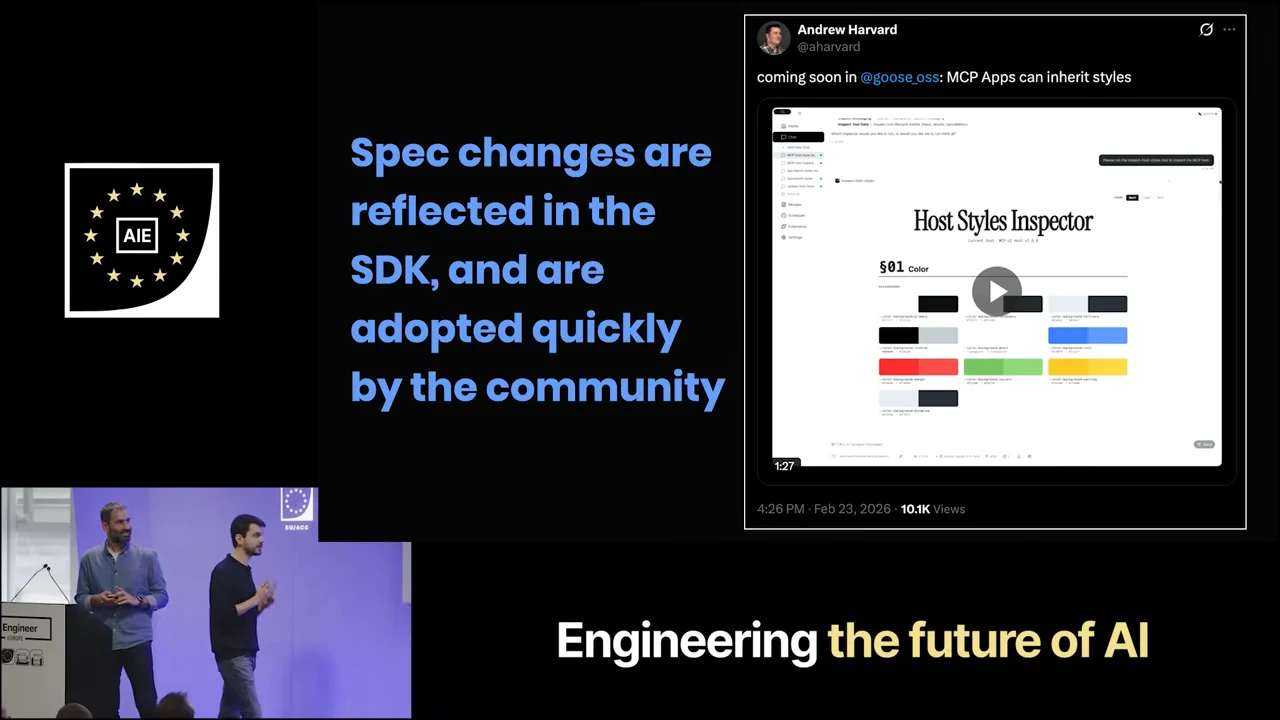Slide stating that spec changes are reflected in the SDK and adopted quickly by the community, beside a post showing a Host Styles Inspector.