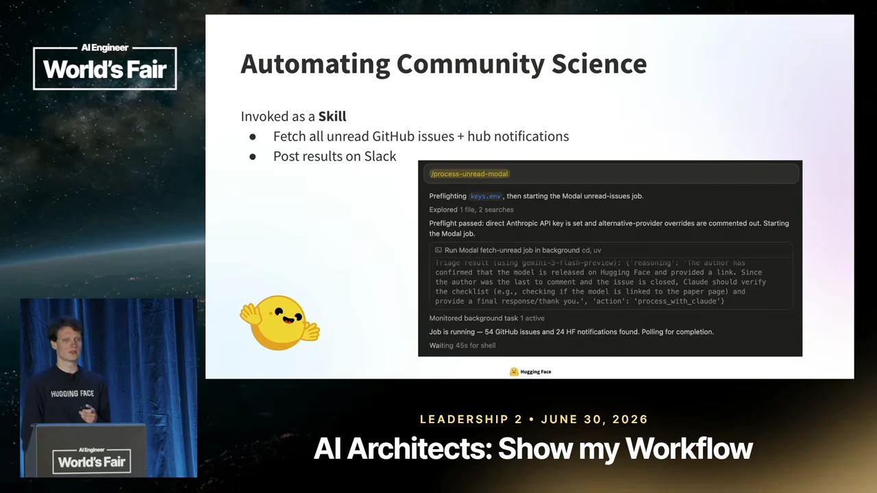 Automating Community Science slide labeled Invoked as a Skill, with two workflow bullets and a terminal screenshot showing a Modal job running in the background.