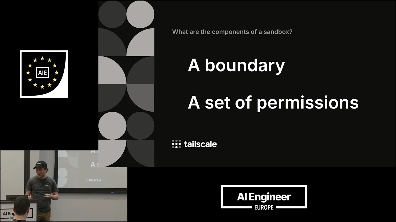 Slide listing “A boundary” and “A set of permissions” beneath the question “What are the components of a sandbox?”