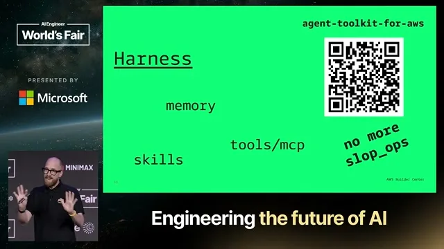 Selected presentation frame from Harness Engineering: Building the Production Cage for Powerful Domain Agents — Mike Chambers, AWS at 387 seconds