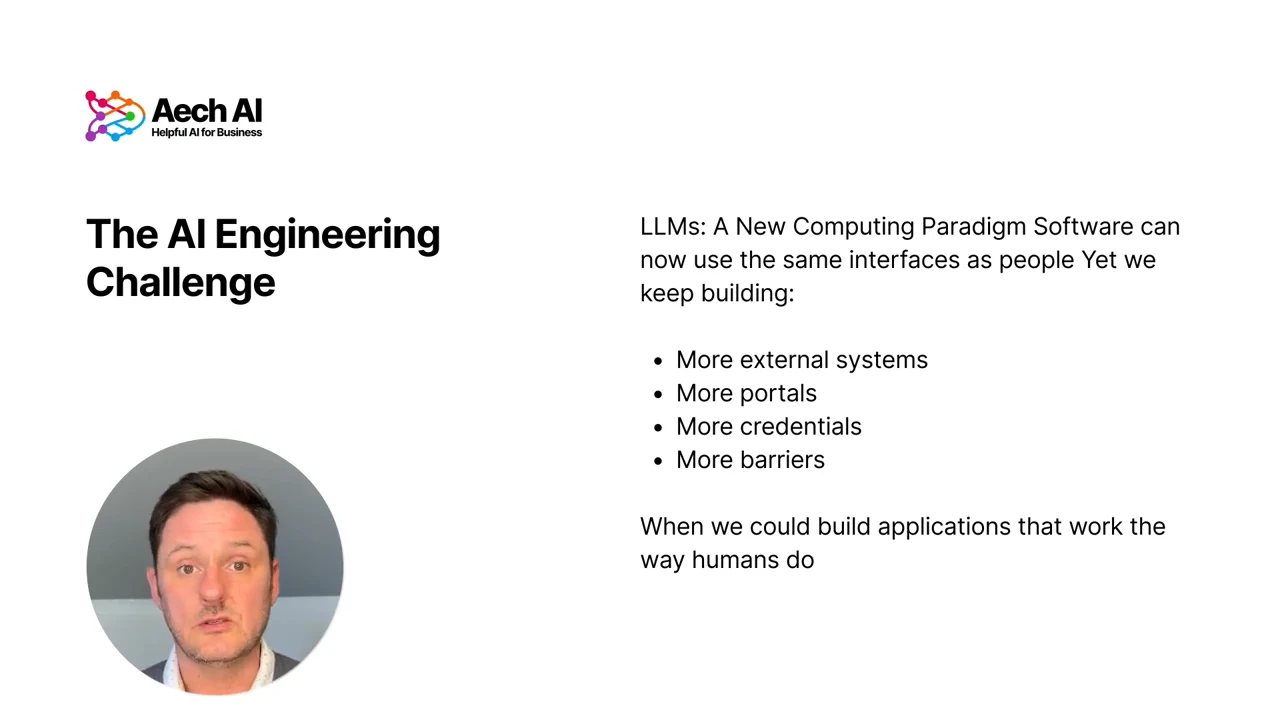 Slide listing external systems, portals, credentials, and barriers, alongside the proposal to build applications that work the way humans do.