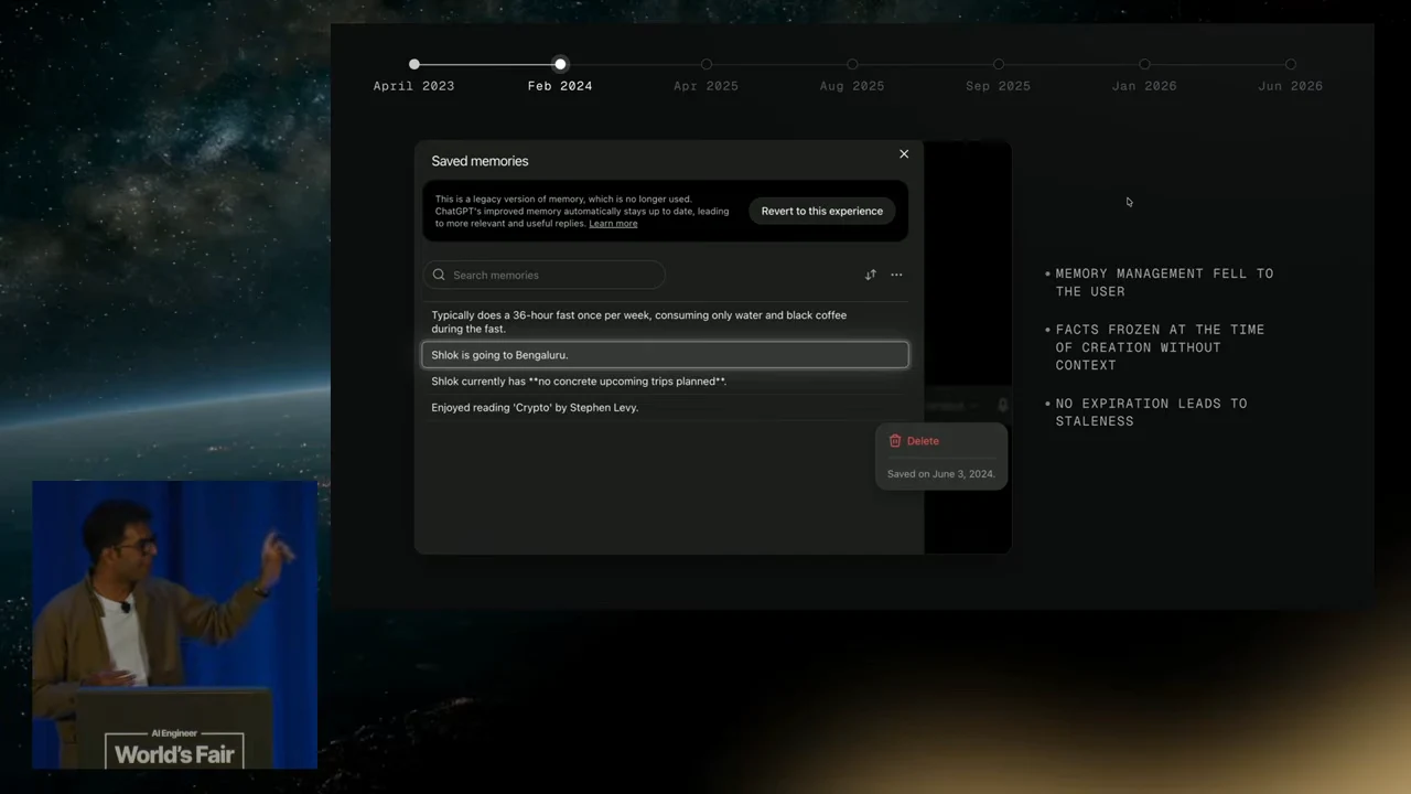 ChatGPT saved memories panel with the Bengaluru entry highlighted, a deletion menu, and three notes about user management, facts frozen without context, and lack of expiration.