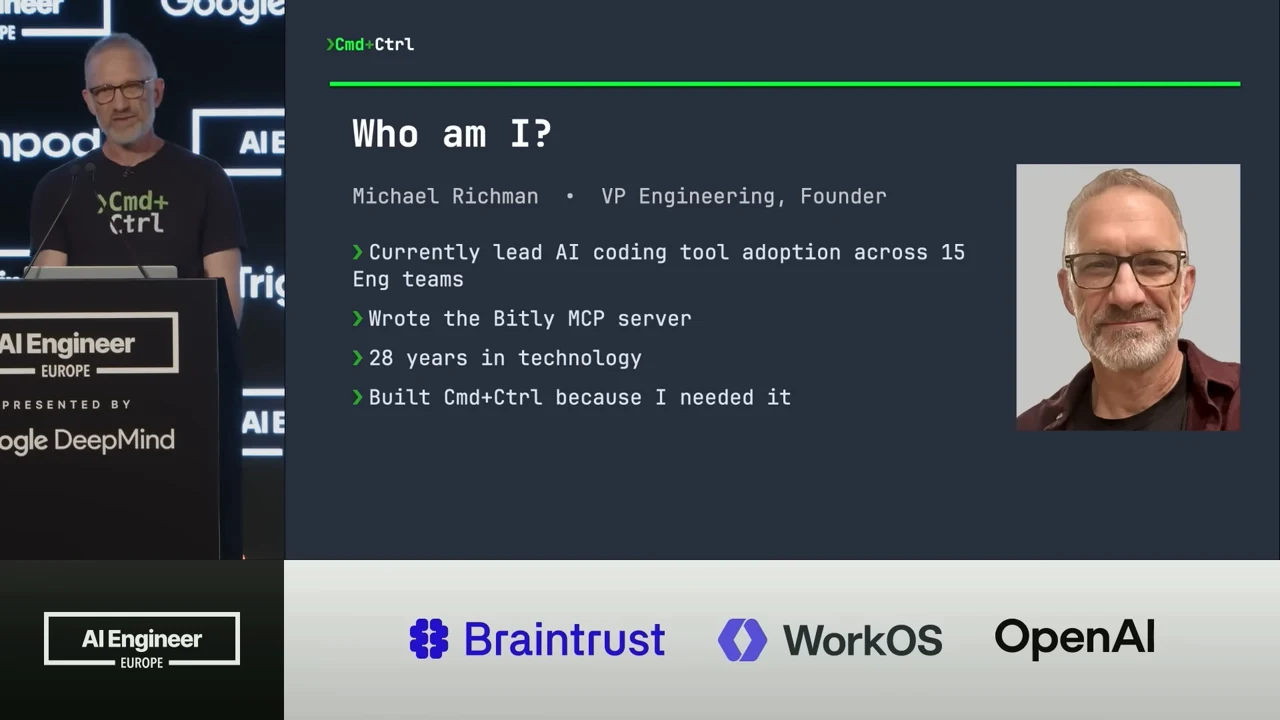 “Who am I?” slide with Michael Richman's portrait and bullets about AI coding tool adoption across 15 engineering teams, the Bitly MCP server, 28 years in technology, and building Cmd+Ctrl.