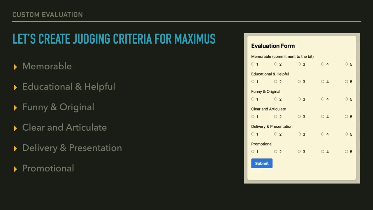 Slide lists Memorable, Educational & Helpful, Funny & Original, Clear and Articulate, Delivery & Presentation, and Promotional beside a form with 1–5 options for each criterion.