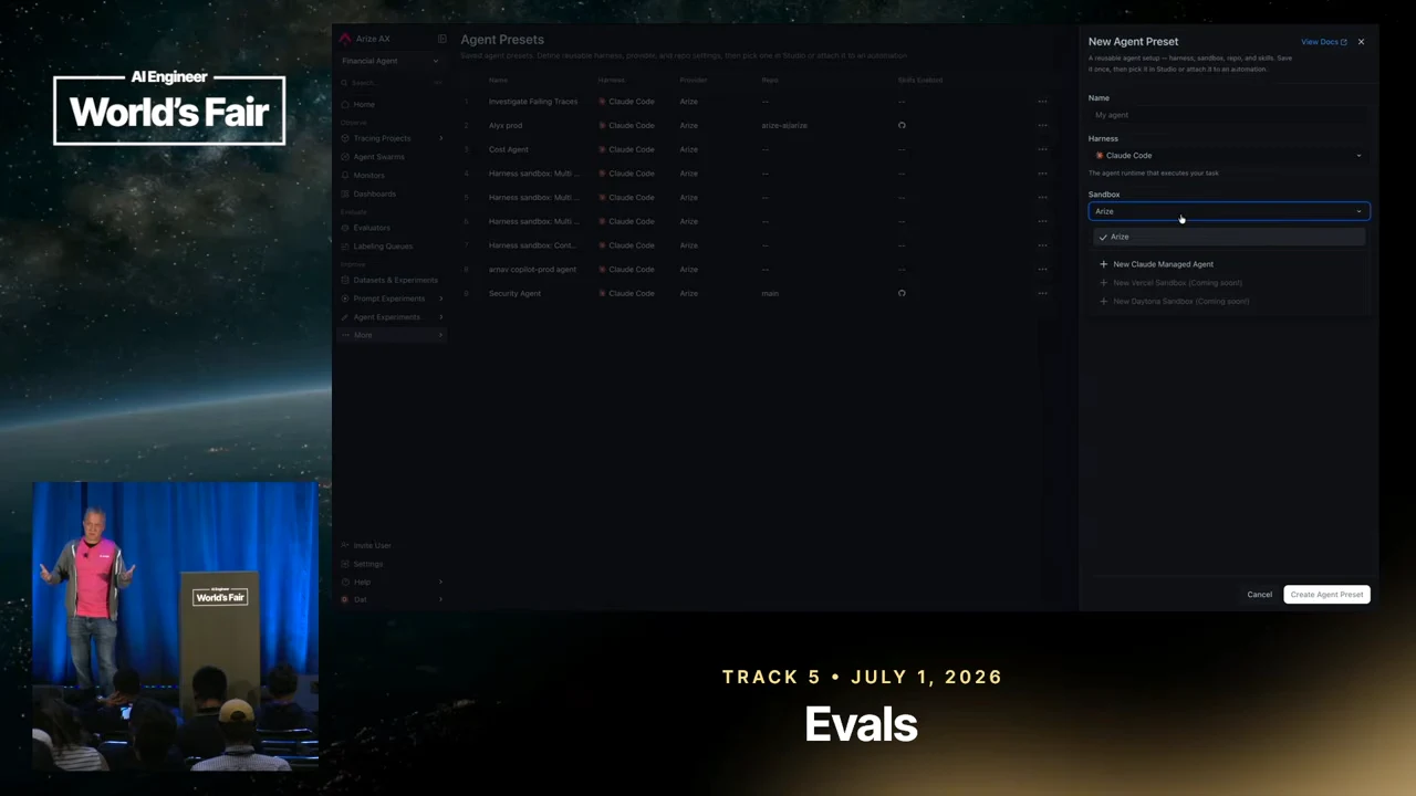 Agent Presets screen with a New Agent Preset panel showing Claude Code as the harness and an expanded Sandbox menu with Arize selected.