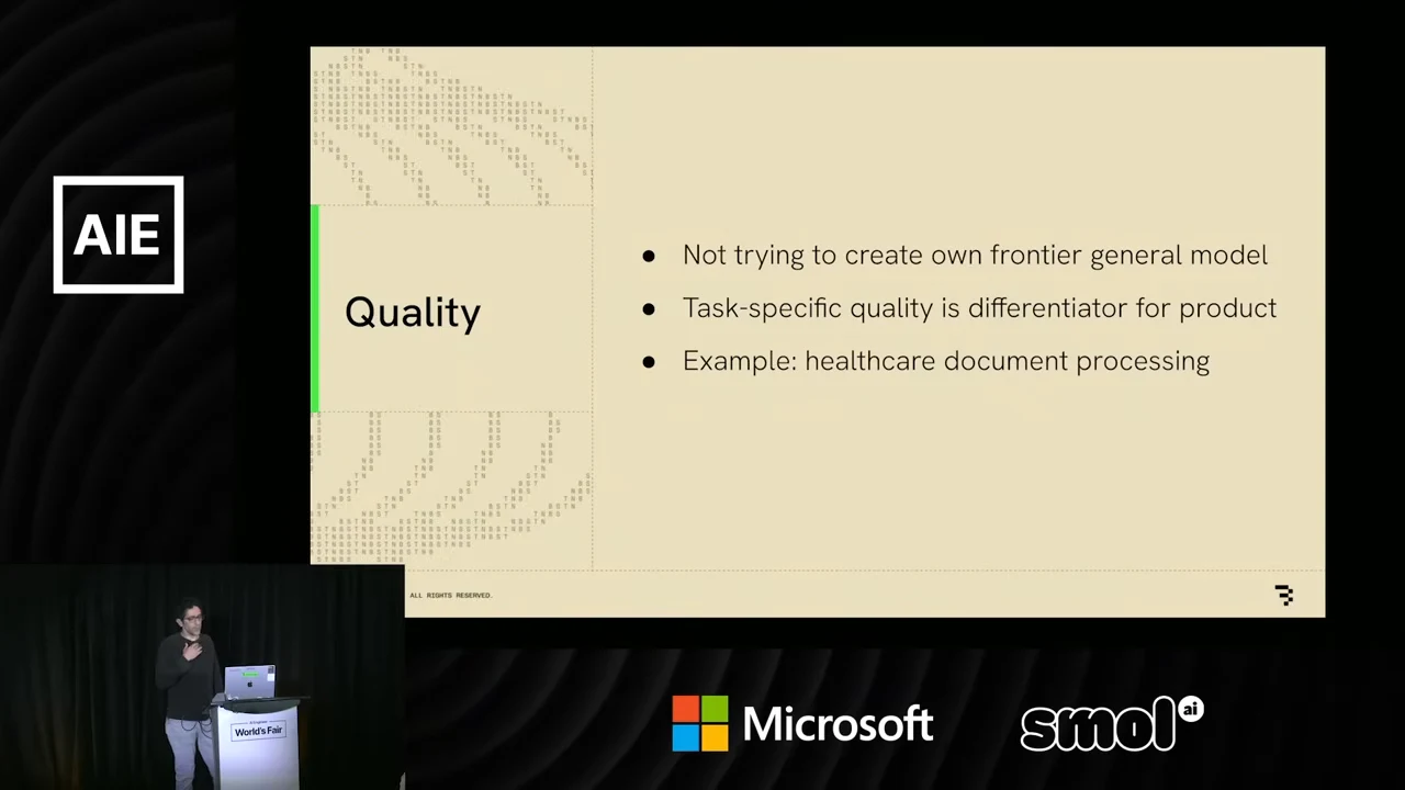“Quality” slide stating that the goal is not a frontier general model, that task-specific quality differentiates a product, and giving healthcare document processing as an example.