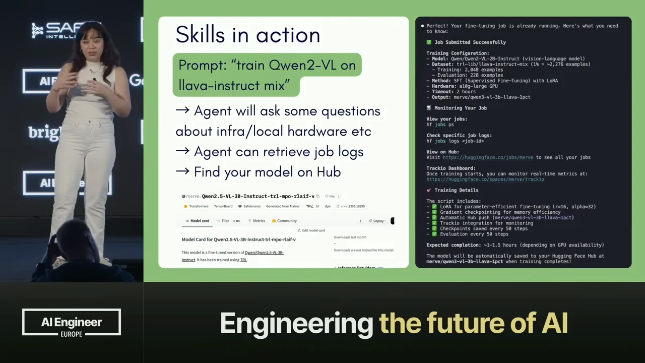 “Skills in action” slide showing a Qwen2-VL training prompt, infrastructure questions, job-log retrieval, a Hub model card and terminal output reporting a submitted training job.
