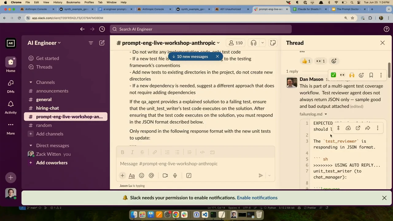 Slack thread describing a multi-agent test workflow where the reviewer does not always return JSON only, with an attached sample output.