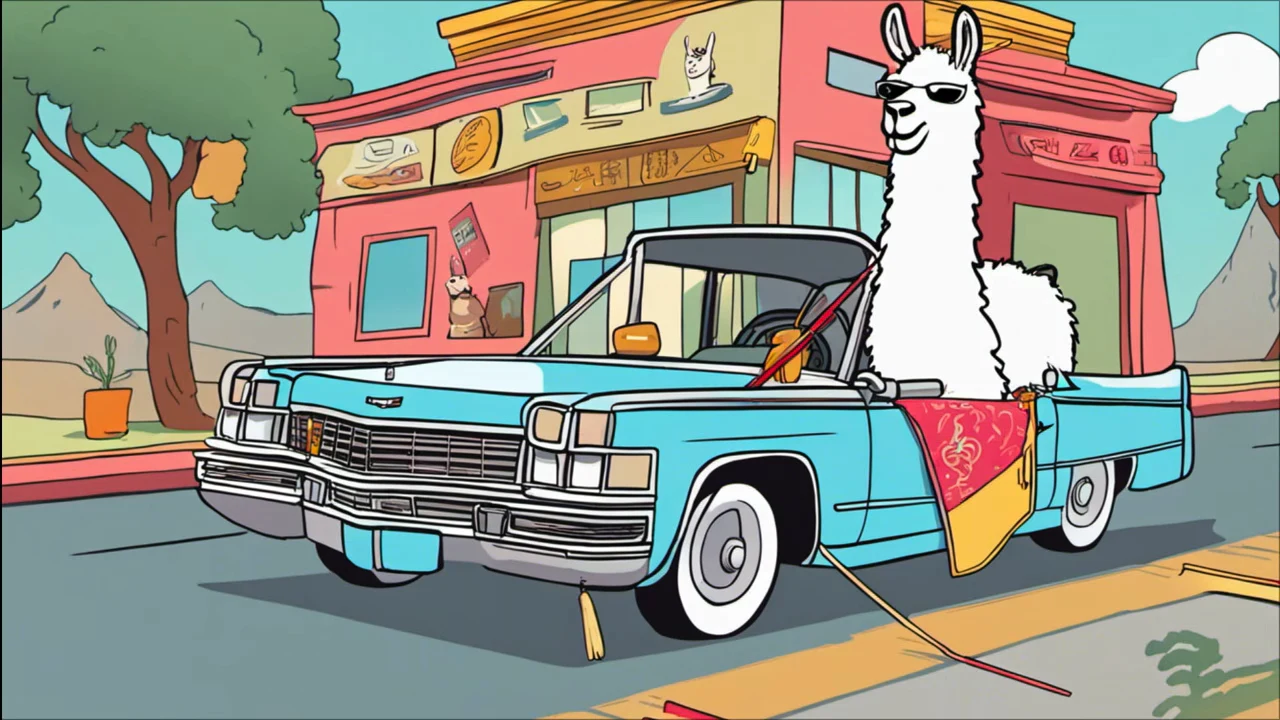 Cartoon llama wearing sunglasses sits in a turquoise convertible with long rods extending from the car.