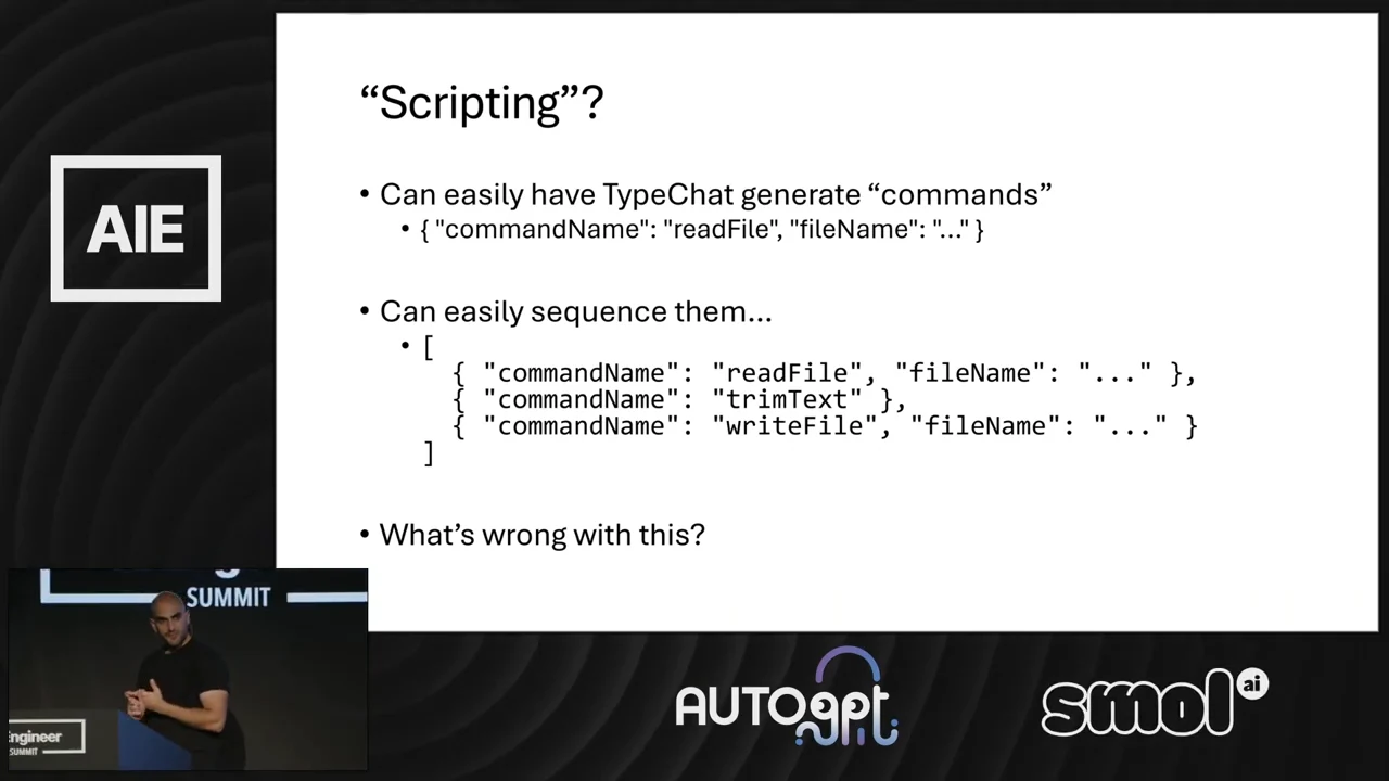 Scripting slide showing a readFile command, a sequence containing readFile, trimText, and writeFile, and the question What’s wrong with this?