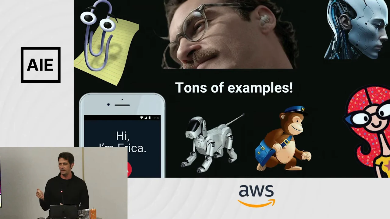 Collage of technology characters, a phone assistant, and a film still, with the speaker inset below.