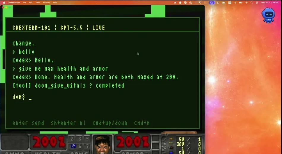 The request for health and armor invokes a game tool; the displayed values then rise to 200. The harness can change game state through exposed actions.