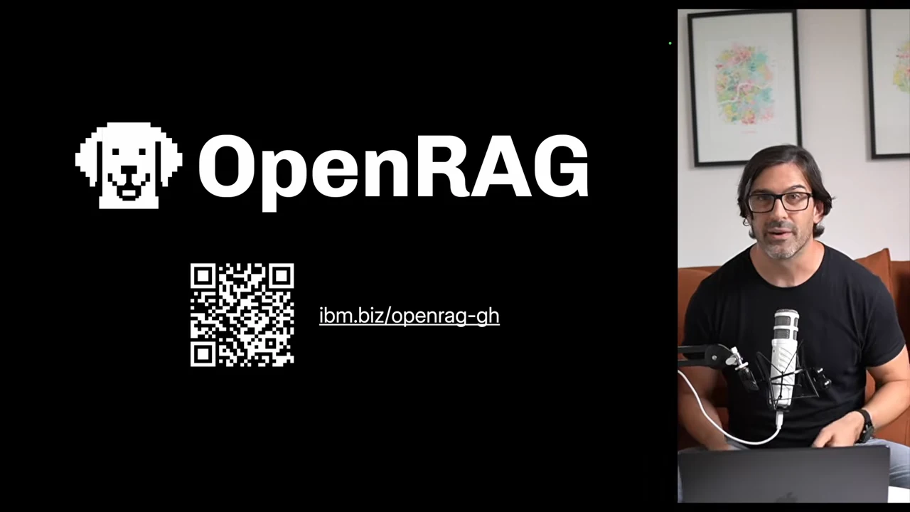 OpenRAG logo above a QR code and the link ibm.biz/openrag-gh, with the presenter on the right.