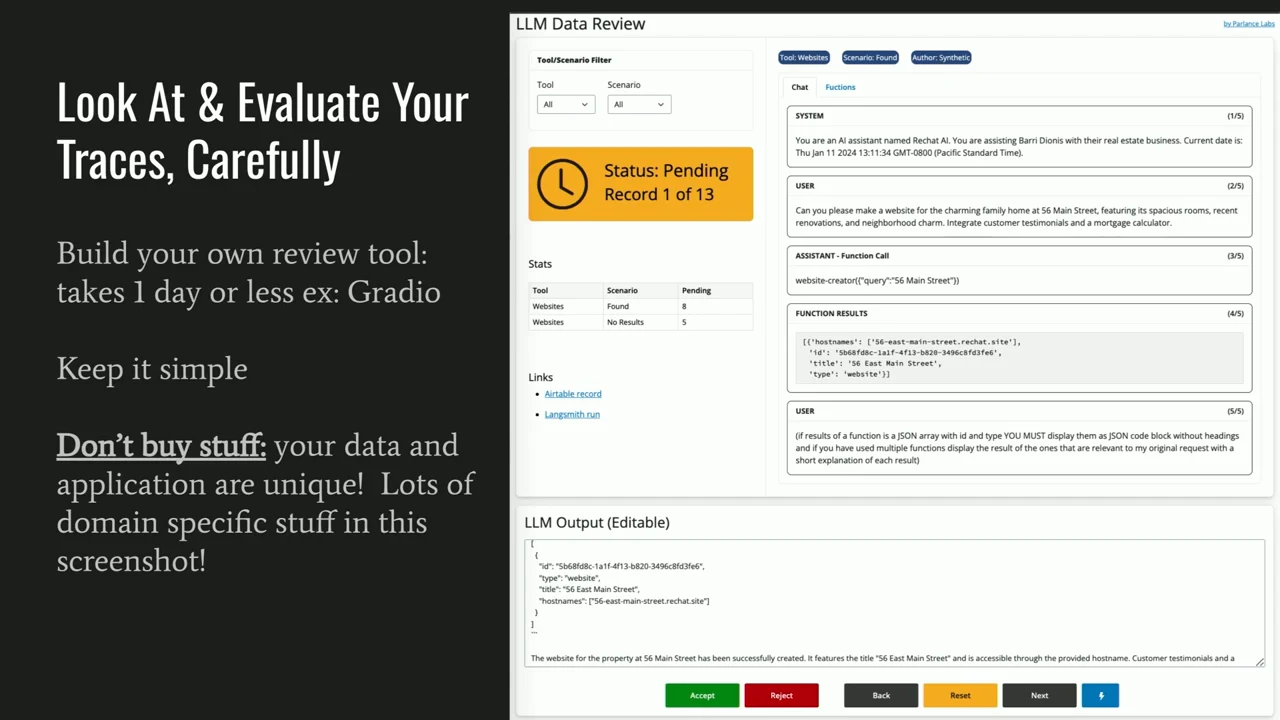 Slide beside an LLM Data Review interface showing tool and scenario filters, pending status, conversation and function records, editable output, and Accept and Reject buttons.